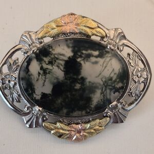 Vintage Sterling Silver Moss Agate Brooch